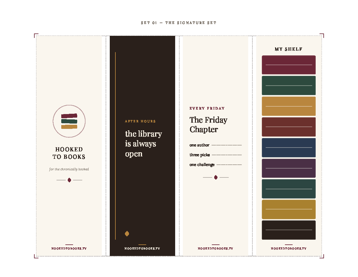 Preview of the free Hooked to Books printable bookmark set